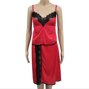 Juliana Vintage Red Nylon and Black Lace Matching Skirt / Cami Set Valentine's